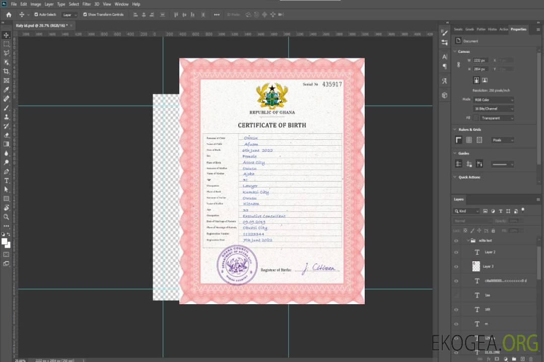 Modèle PSD de certificat de naissance de l'état civil du Ghana template